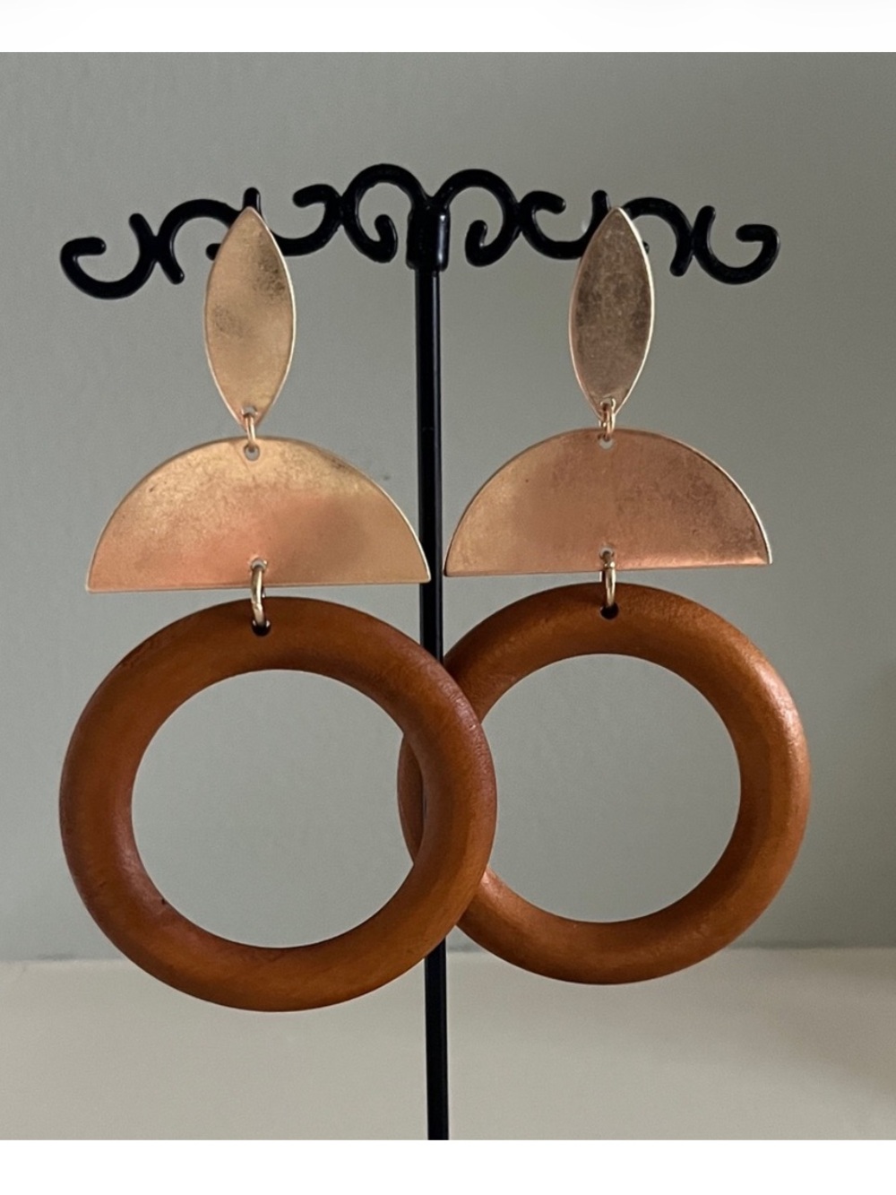 Soft Surroundings Safia Earring Geometric Wood Earrings in Brown & Gold NWT